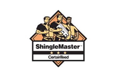 A shingle master logo with three men standing next to each other.