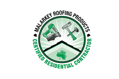 A green and white logo for malarkey roofing products.