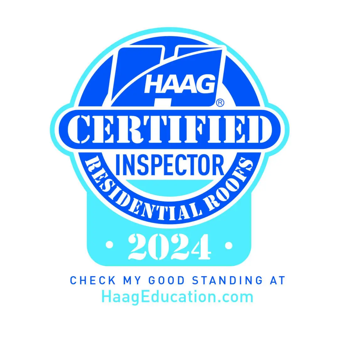 A blue and white logo for haag certified inspector residential roofs.