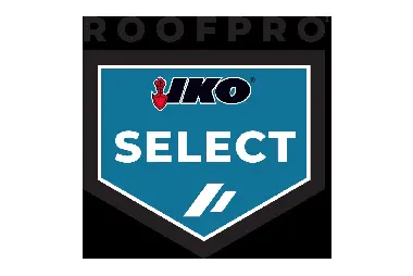 A blue and white logo for iko select roofing.